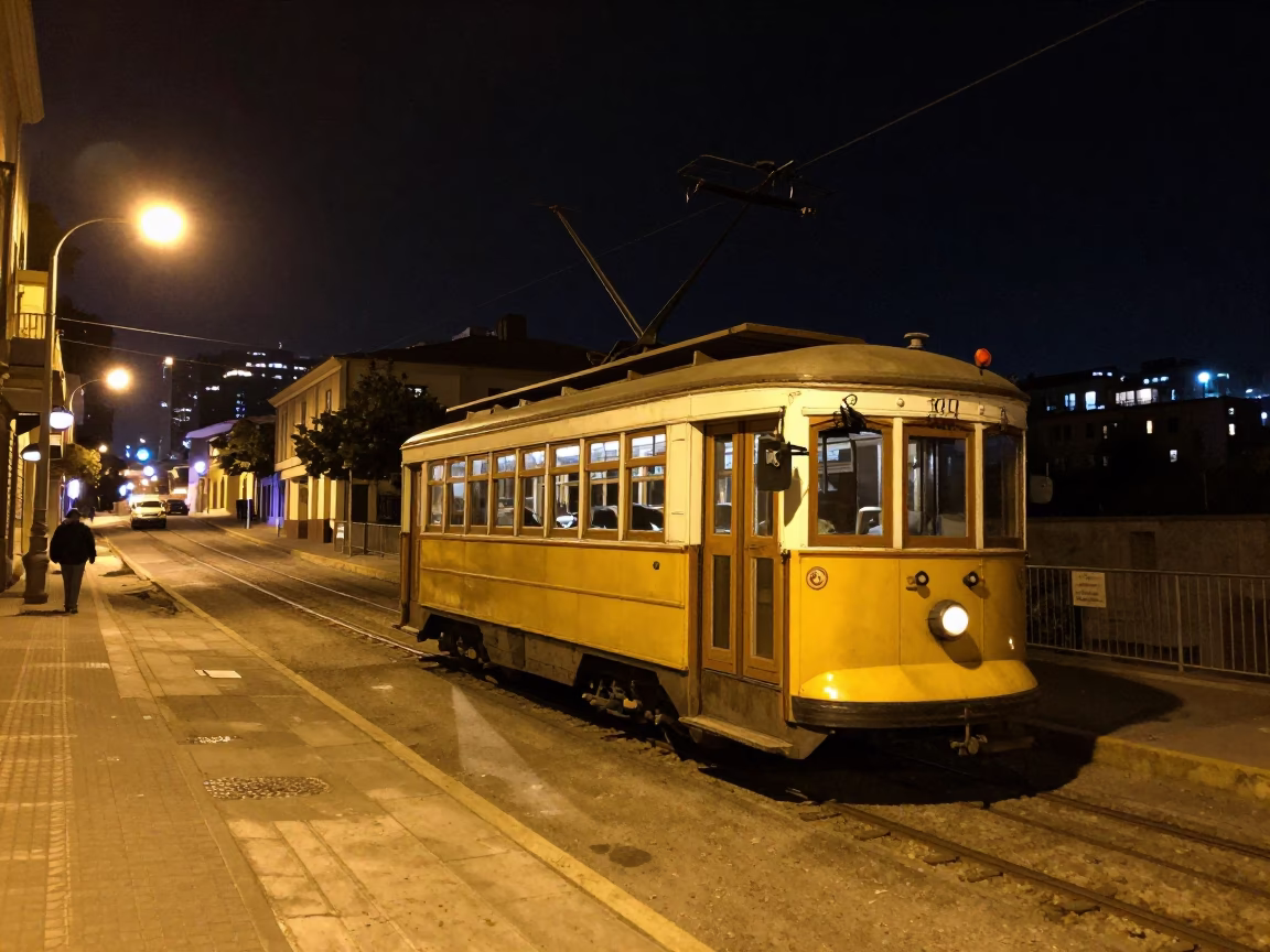 Night Street Scene in Valparaiso Chile with Old Trolley and Urban Architecture in in Valparaiso, Chile