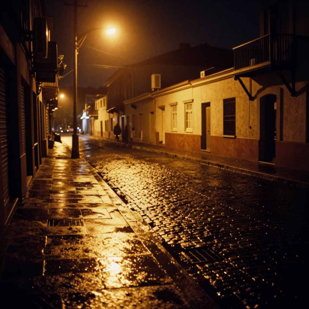 Night Street Scene in Valparaiso Chile with Wet Cobblestones and Amber Streetlight Reflections in in Valparaiso, Chile