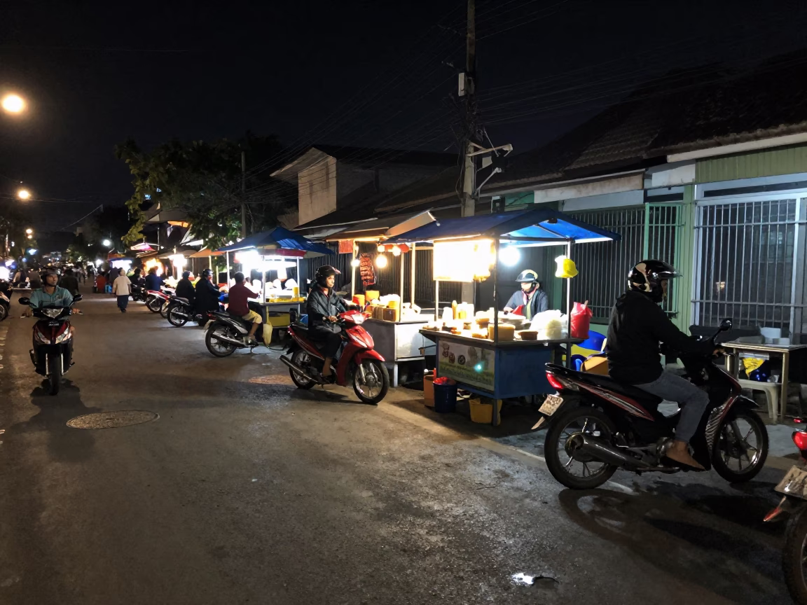 Night Street Scene in Yogyakarta Indonesia with Motorcycle and Street Food Stall in in Yogyakarta, Indonesia