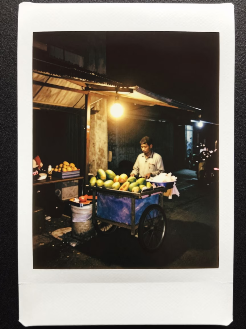 Night Street Scene in Yogyakarta Indonesia with Papayas and Street Vendor in in Yogyakarta, Indonesia