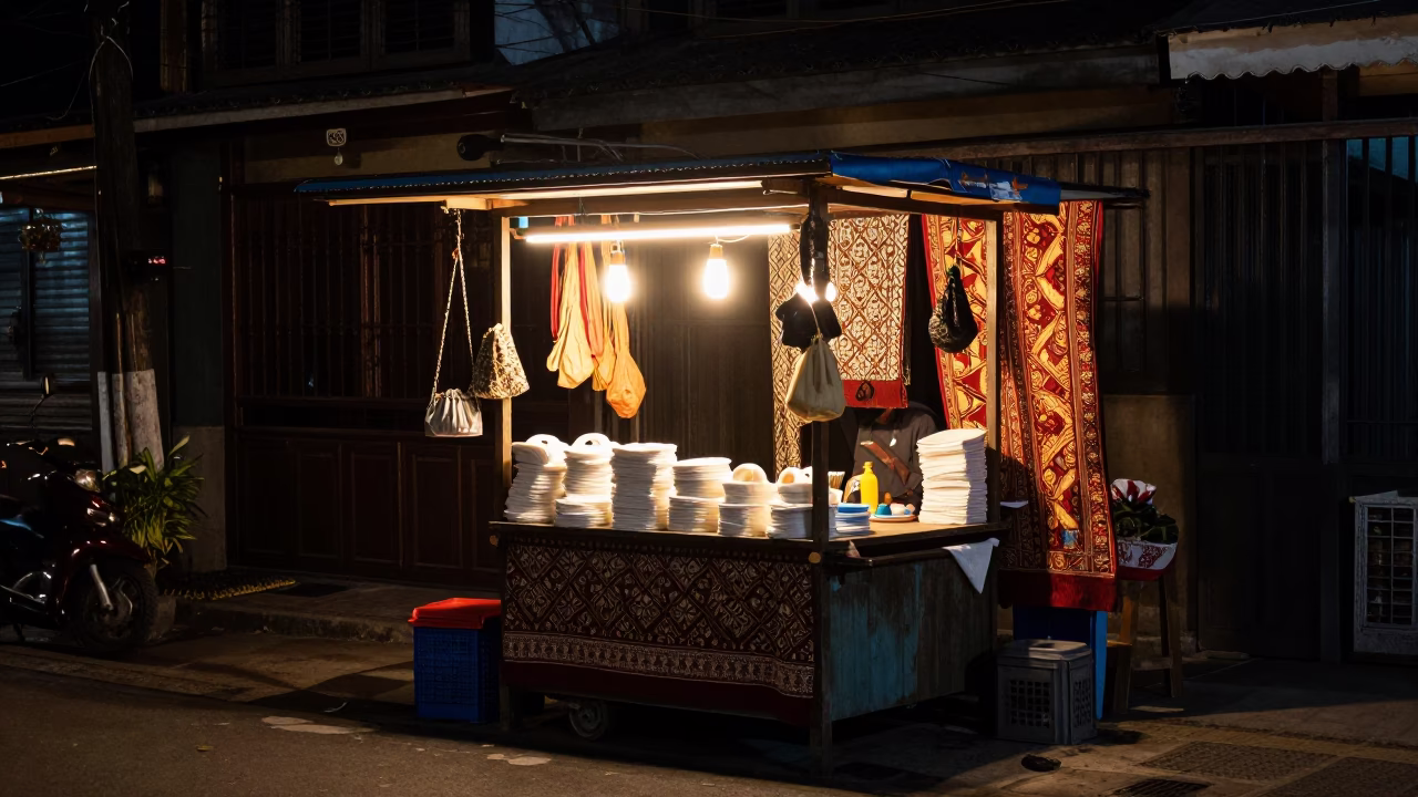 Night Street Scene in Yogyakarta Indonesia with Traditional Batik Shop and Street Vendor in in Yogyakarta, Indonesia