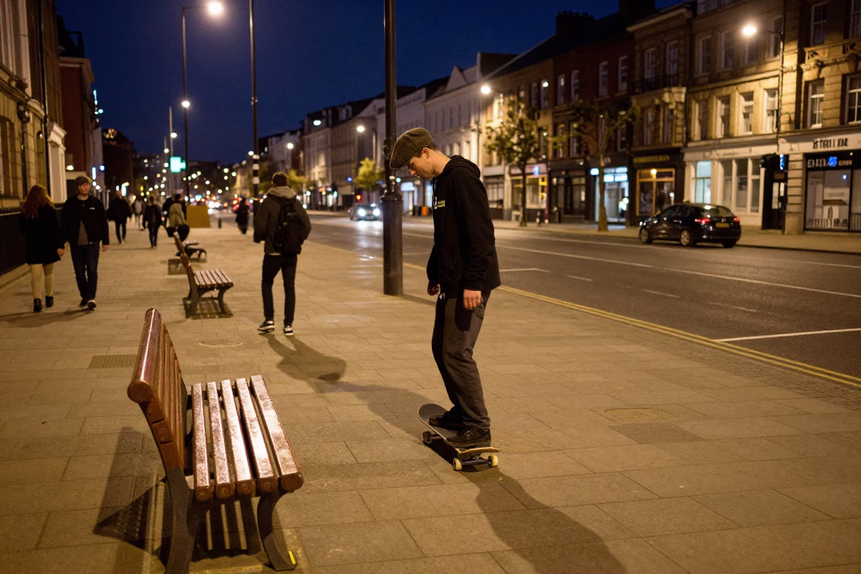 Night street scene with skateboarder and benches in Liverpool in in Liverpool, United Kingdom