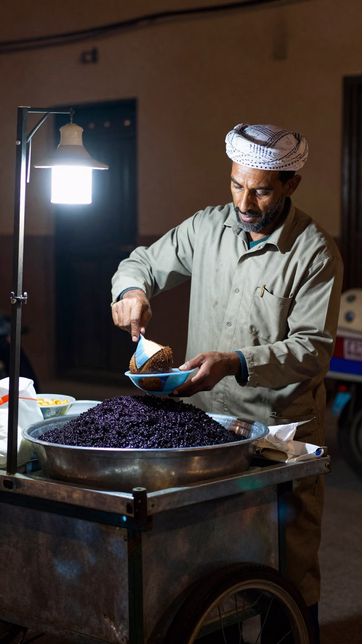 Night Street Vendor in Fez Morocco Preparing Traditional Black Glutinous Rice Dessert Bowl in in Fez, Morocco