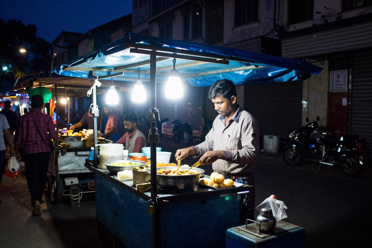 Night Street Vendor in Kolkata India with Padlock and Busy Urban Life in in Kolkata, India