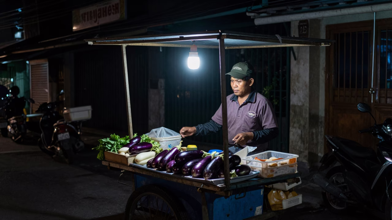 Night Street Vendor in Surabaya Indonesia Selling Fresh Eggplants Under Deep Night Sky in in Surabaya, Indonesia