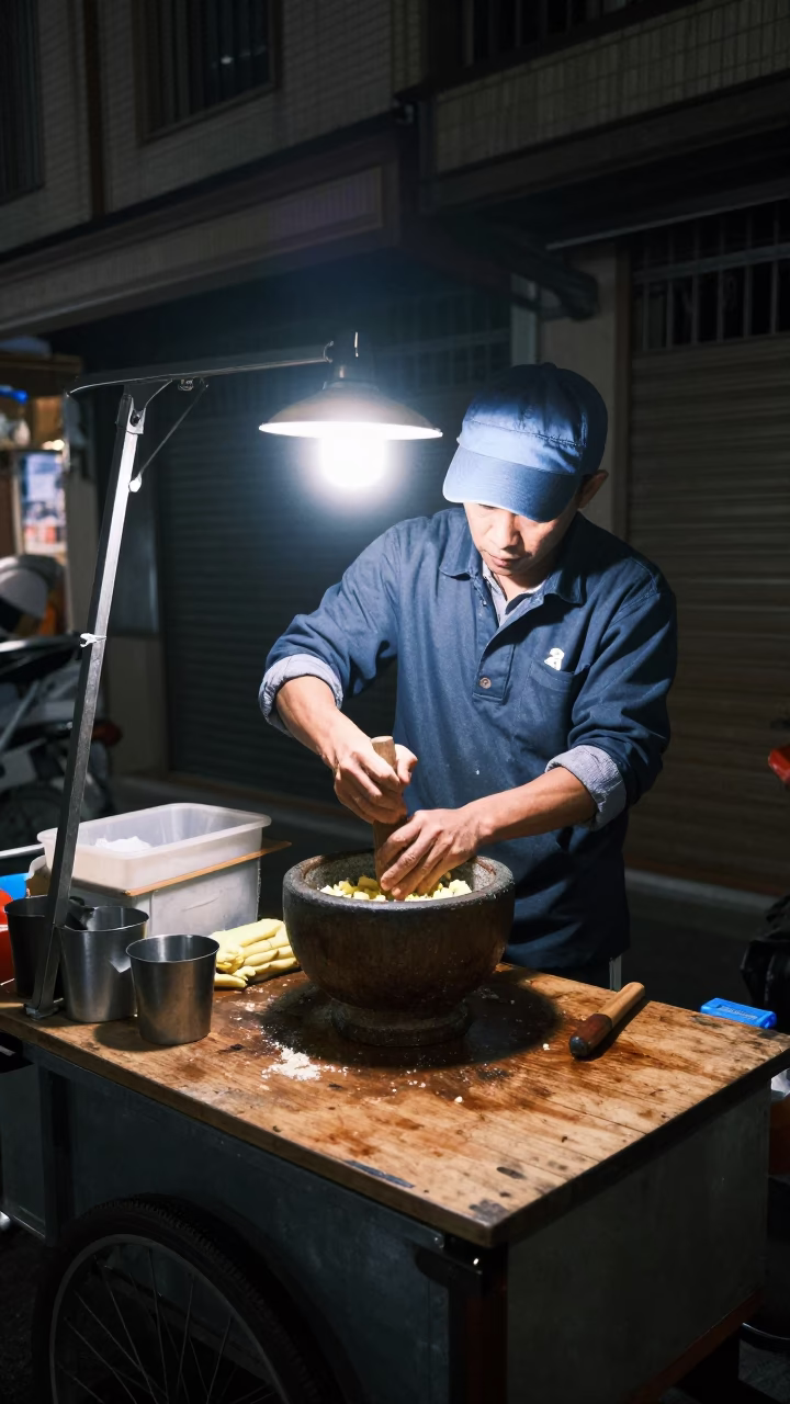 Night street vendor preparing banana fritters in Tainan Taiwan with mortar pestle in in Tainan, Taiwan