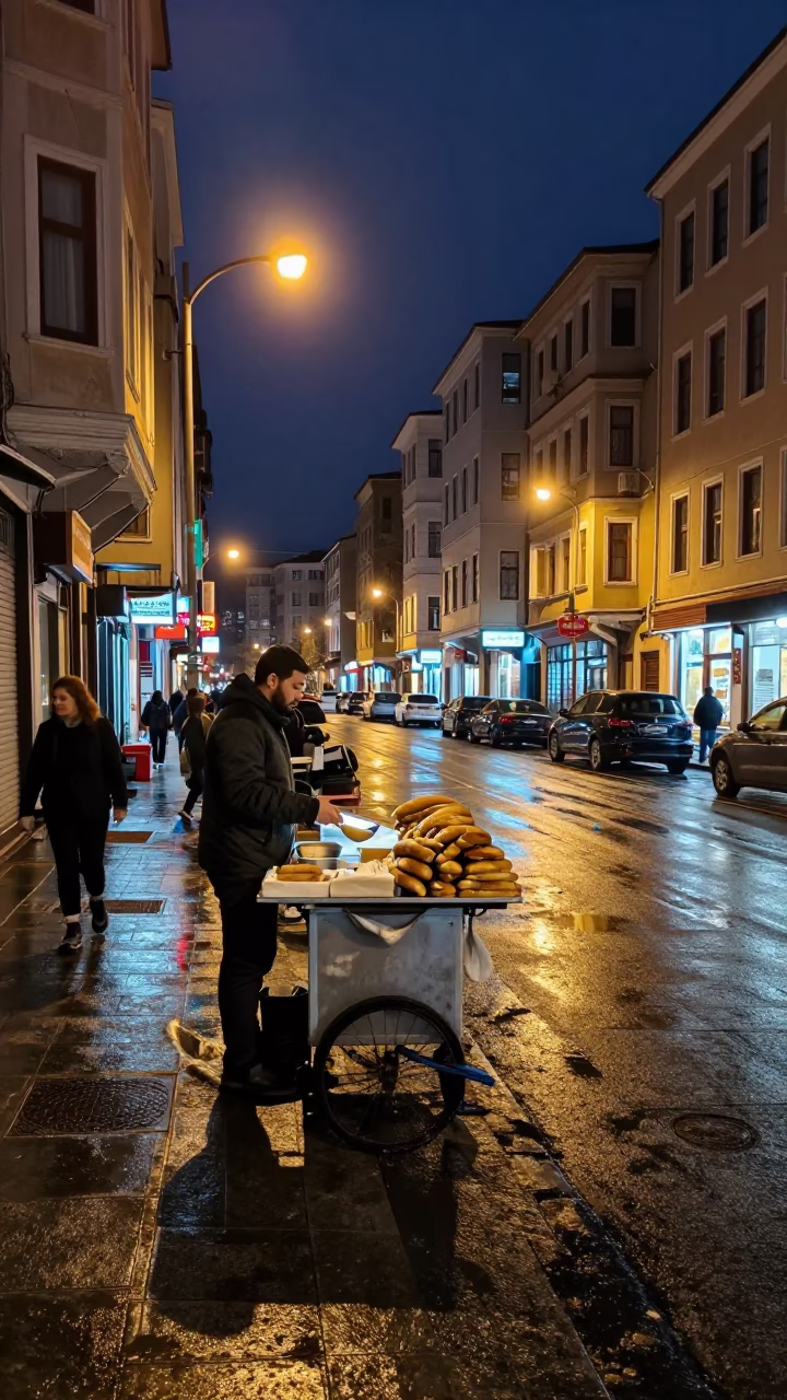 Night street vendor serving bread in Istanbul under mixed city lights in in Istanbul, Turkey