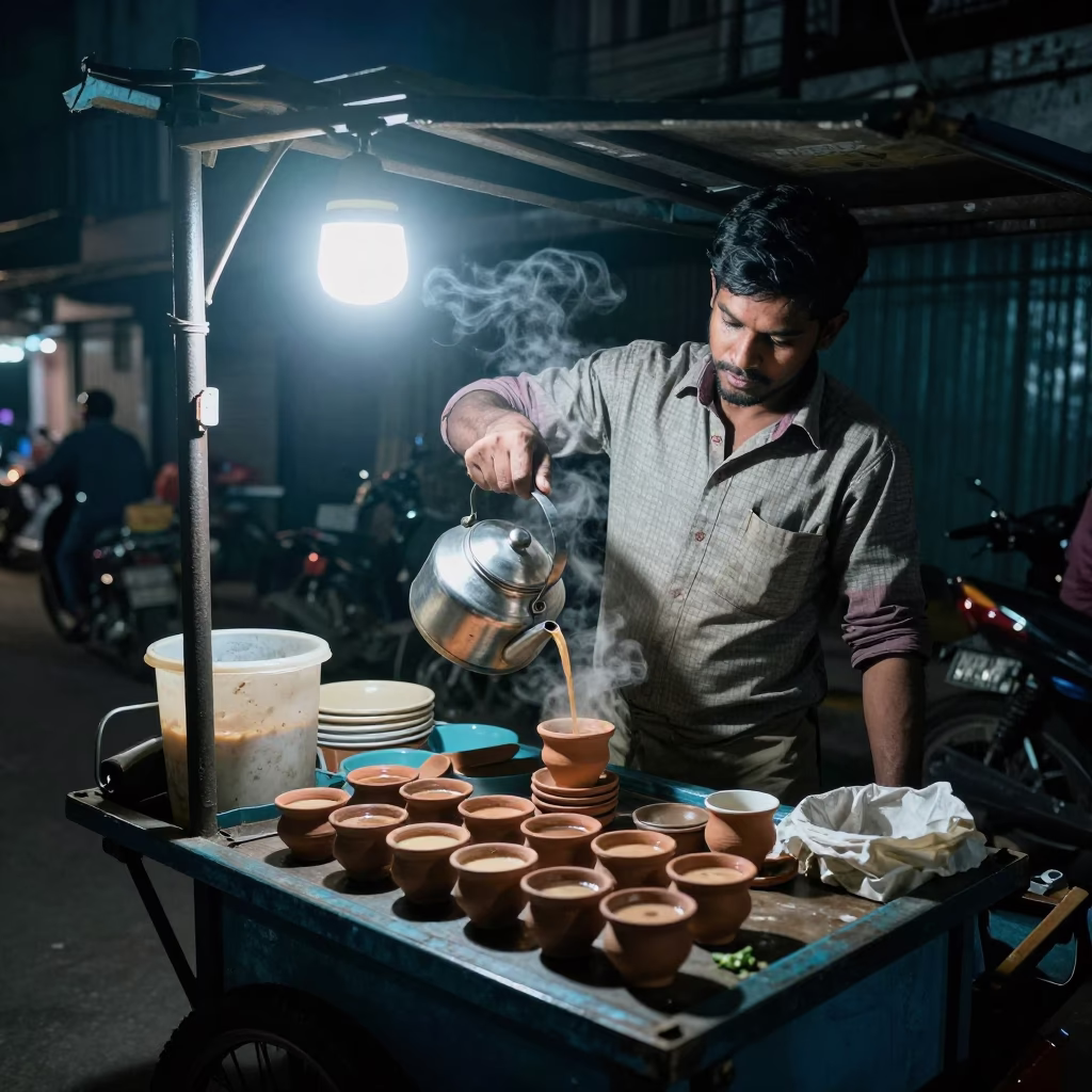 Night Street Vendor Serving Hot Masala Chai in Busy Kolkata India in in Kolkata, India