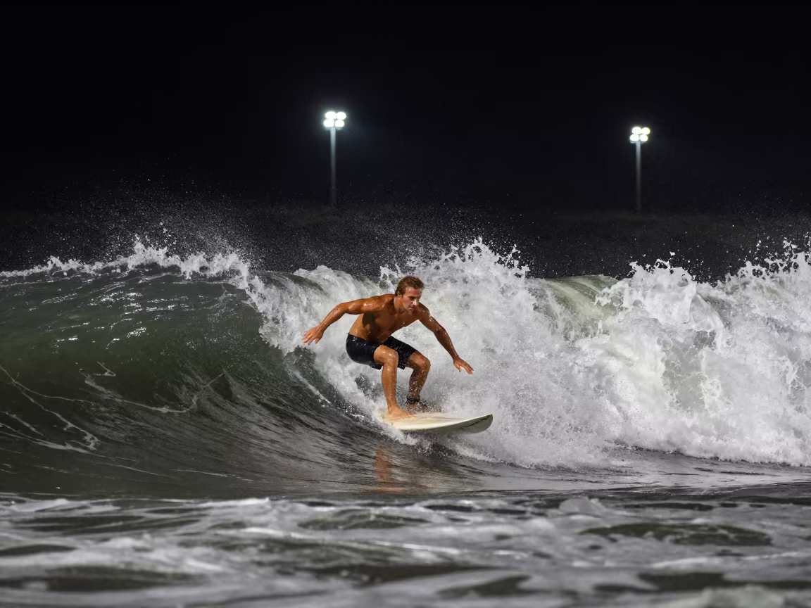 Night Surfer Drops Massive Wave Arena in along a beach near Niamey