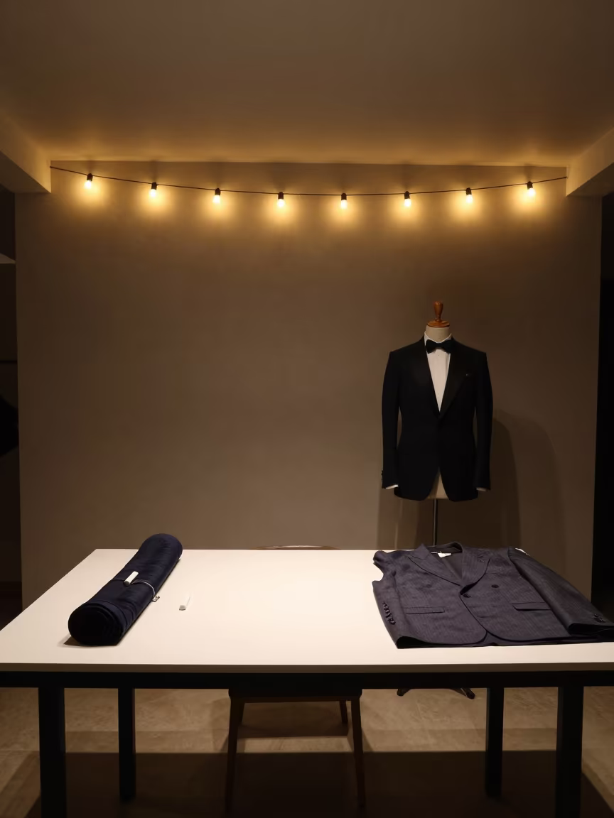 Night Tailoring Tools Beside Half-Made Blazer in inside a minimalist showroom in Giza