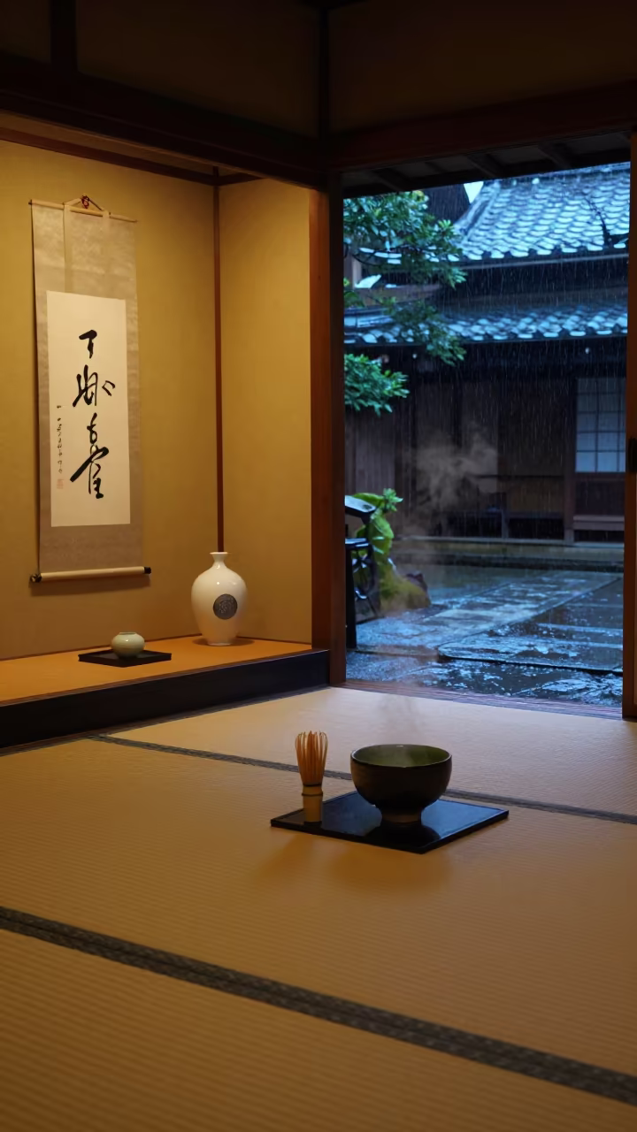 Night Tea Ceremony Kyoto Kiyomizu Alcove in beside a tokonoma alcove in a tea room in Kiyomizu, Kyoto