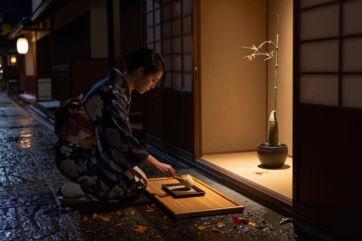 Night Tea Ceremony Preparation Beside Festival Lane Kyoto in beside a tokonoma alcove in a tea room in Fushimi, Kyoto