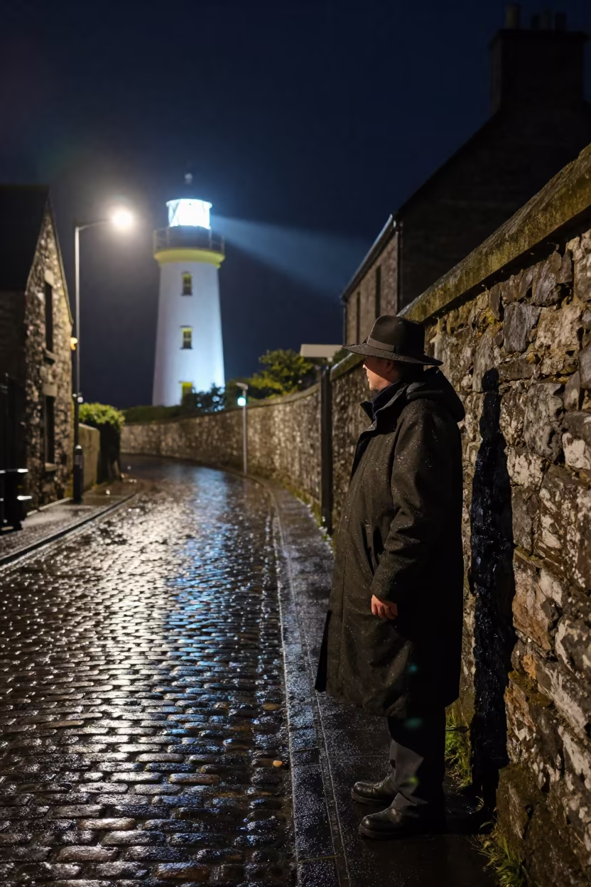 Night Tea Picker in Galway Lighthouse Beam in in a village lane near Galway
