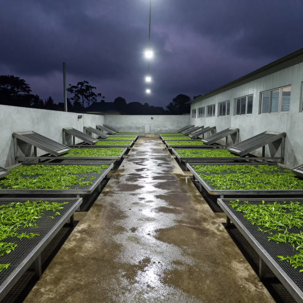 Night Tea Processing Floor Eswatini Wet Concrete in along a food-processing floor with sorting tables in Eswatini