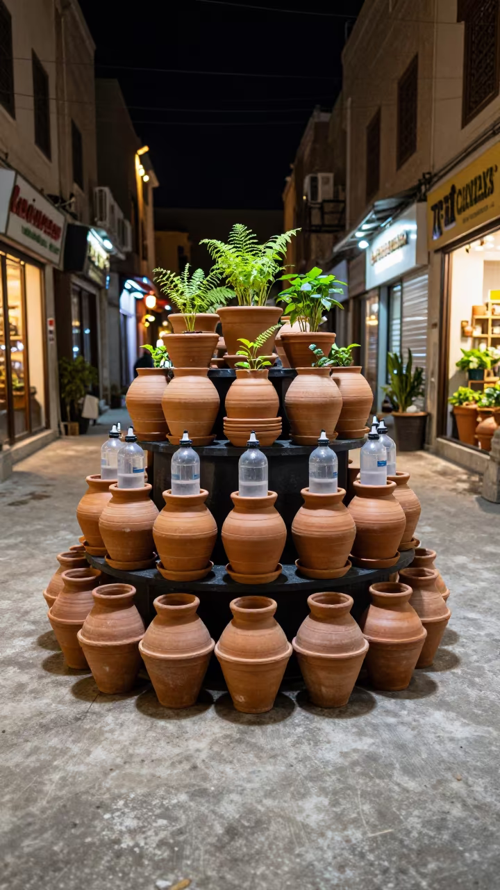 Night terracotta pots seedlings Cairo garden center in inside a storefront display zone near Islamic Cairo, Cairo