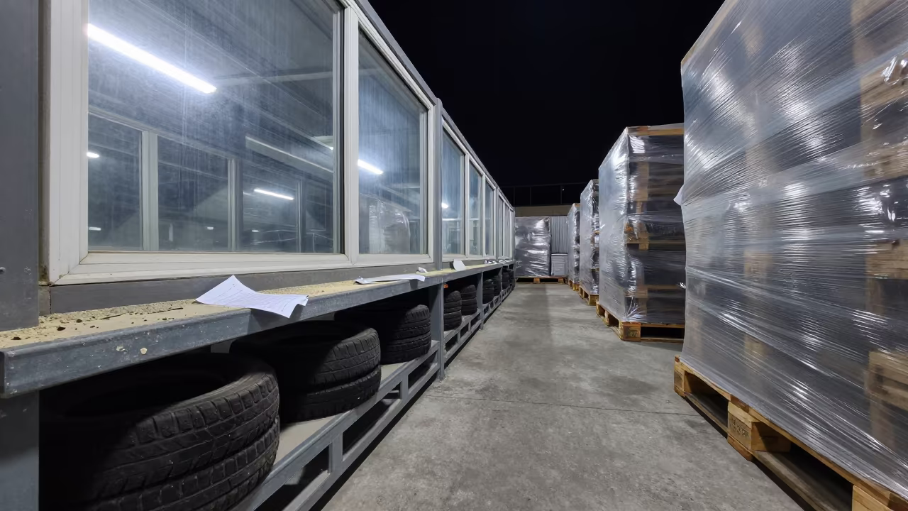 Night Tire Check Rack in Carúpano Bay in inside a chilled distribution bay in Carúpano