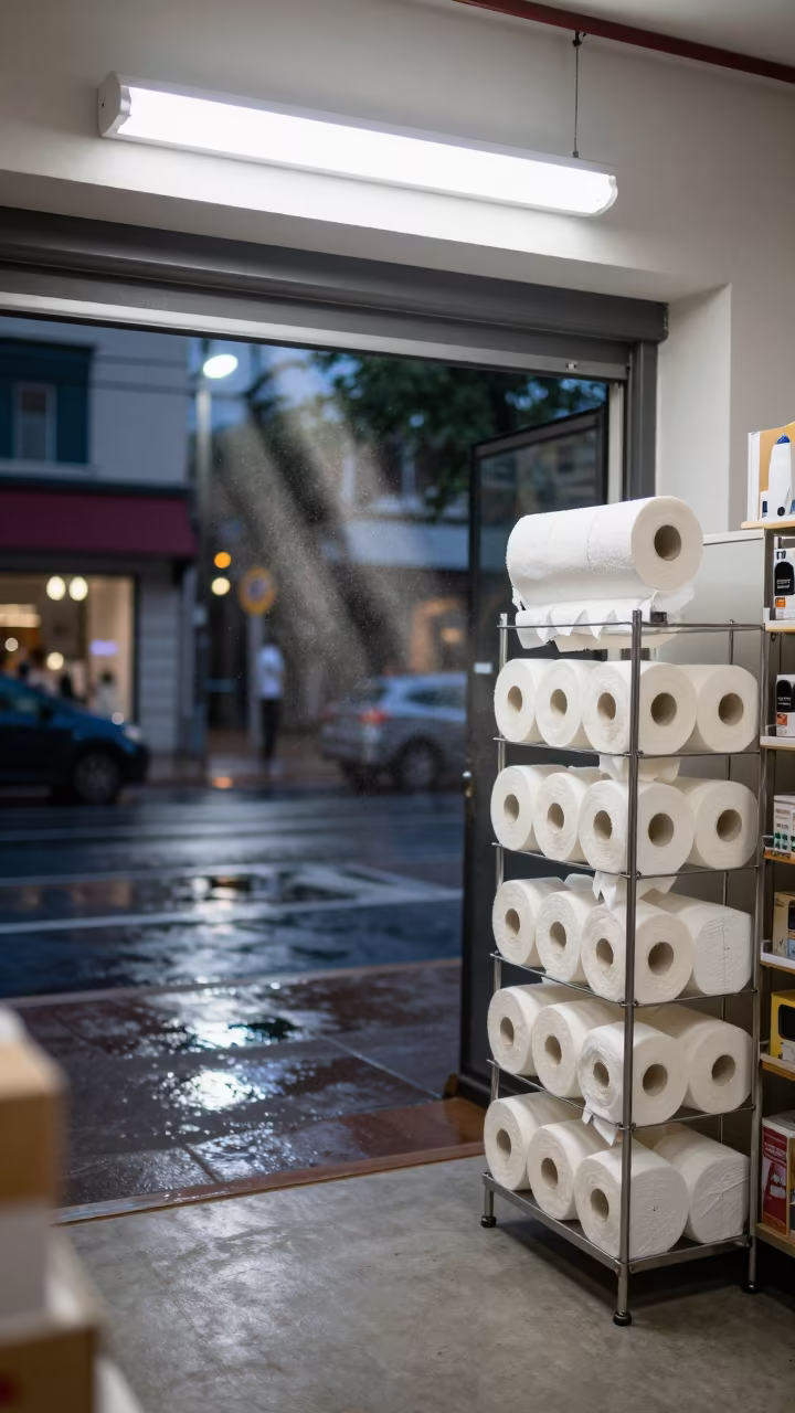 Night Tissue Rack in Damanhur Storefront Window in inside a retail floor display area near Damanhur