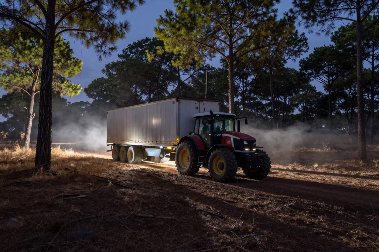 Night Tractor Trailer Through Pine Forest Haze in in the Serengeti