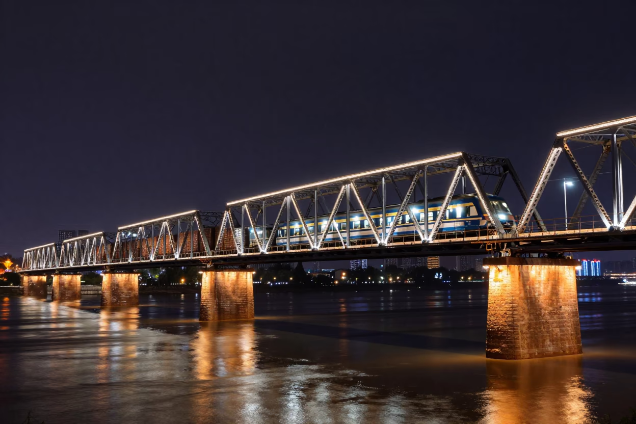 Night Train Crossing Floodlit Iron Bridge in Beijing China at Deep Night in in Beijing, China