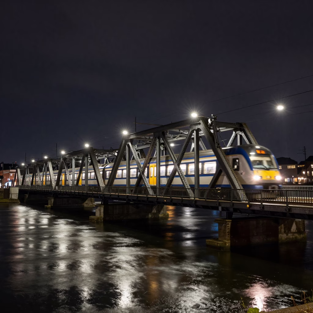 Night Train Crossing Floodlit Iron Bridge in Copenhagen Denmark at Deep Night in in Copenhagen, Denmark