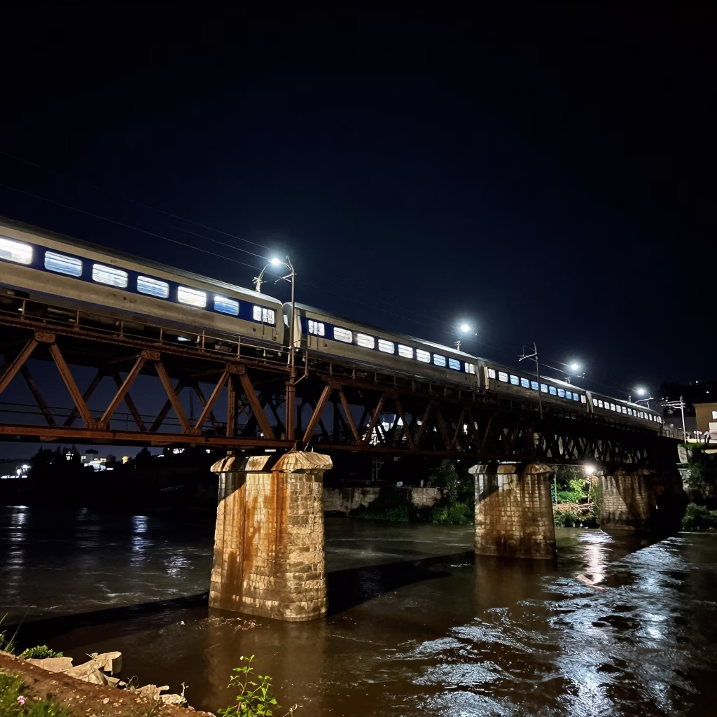 Night Train Crossing Floodlit Iron Bridge Over Amman Jordan Under Deepest Night Sky in in Amman, Jordan