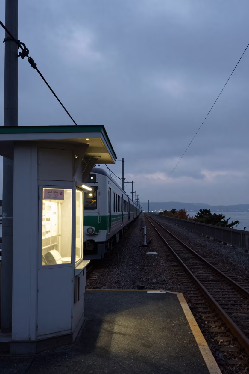 Night Train at Dawn Fukuoka Causeway in on a wind-open causeway near Fukuoka