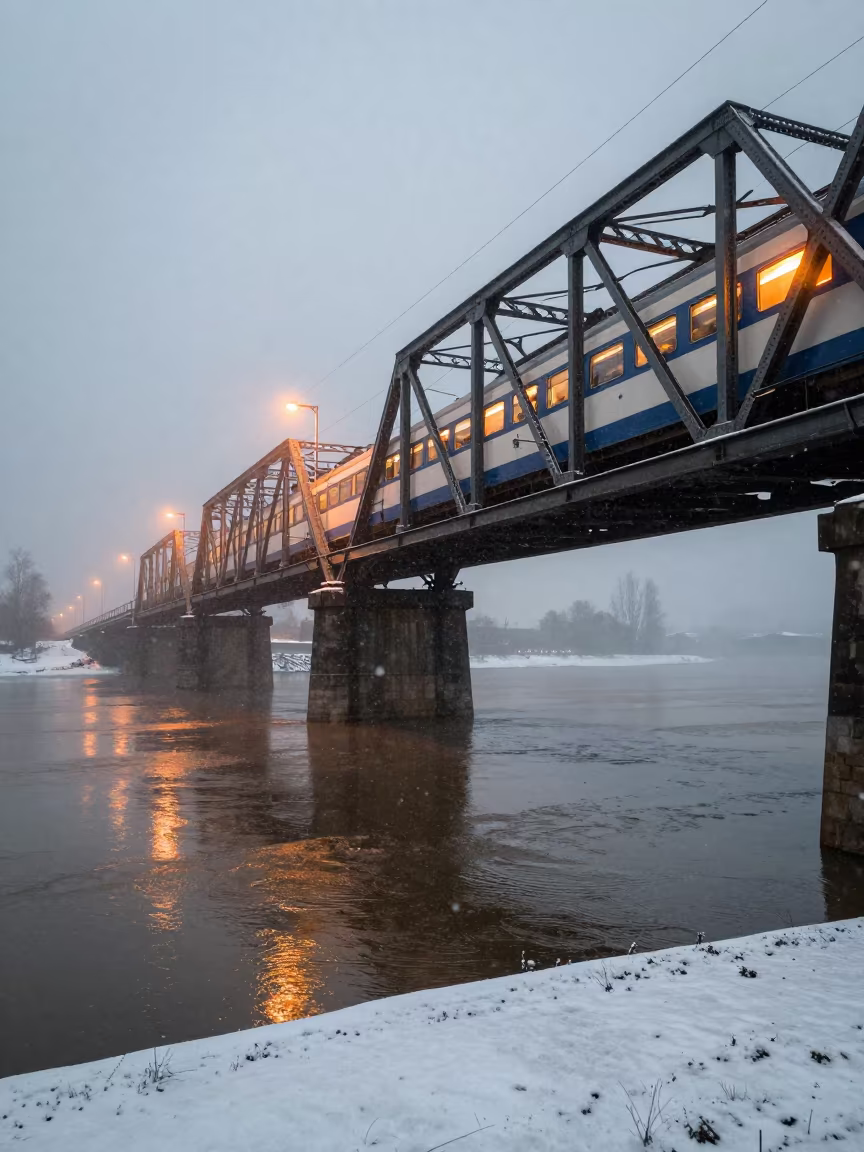 Night Train on Floodlit Bridge in Winter Fog in beside a fogbound harbor mouth in Slovakia