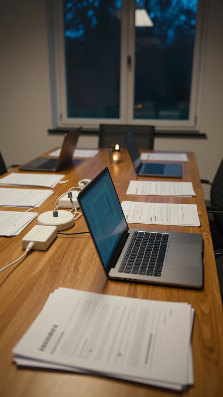 Night Training Lab with Laptops and Exercises in at a boardroom table before a meeting in Villa Nueva