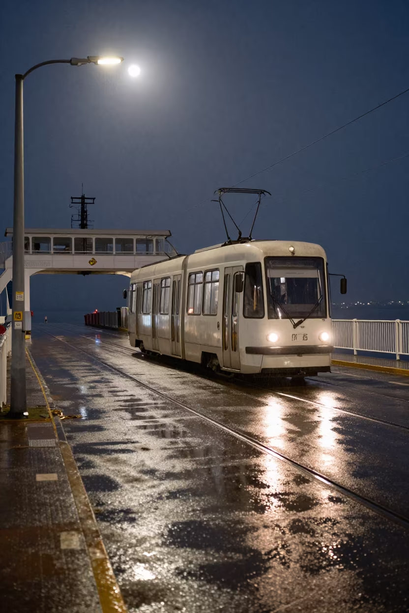 Night Tram Corner Ferry Bosnia Moonlight in across a remote ferry crossing in Bosnia and Herzegovina