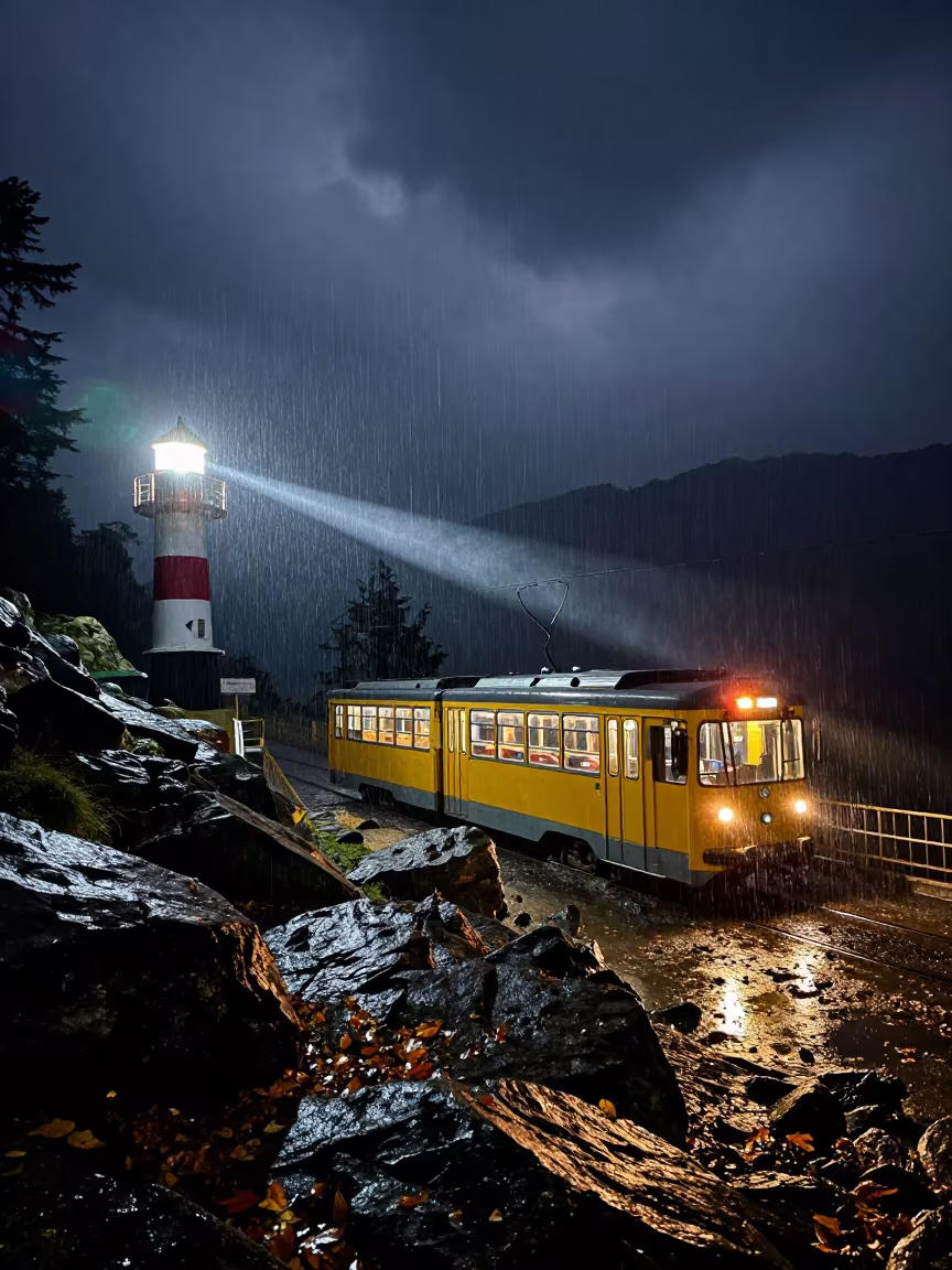 Night Tram Under Rain on Shimla Mountain Pass in at a rocky saddle overlooking a mountain valley near Shimla