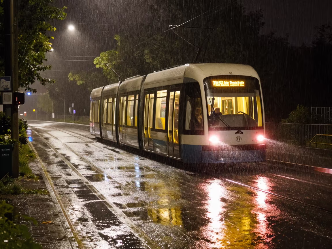 Night Tram Turning Corner Rain Loire Causeway in on a wind-open causeway in the Loire Valley