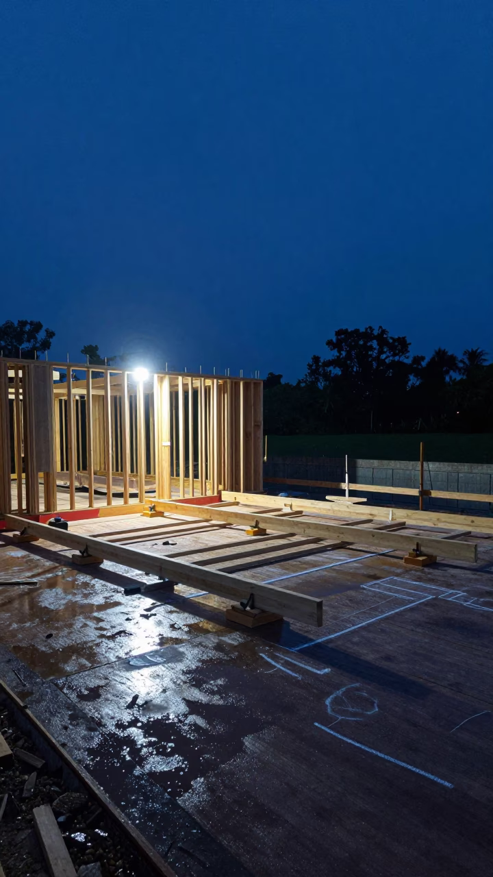 Night Truss Delivery Rim Light Costa Rica in beside a framed building shell in Costa Rica