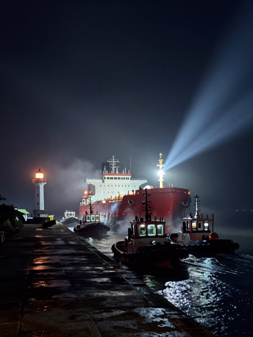 Night Tugboats Guide Tanker Through Bali Causeway in on a wind-open causeway in Bali