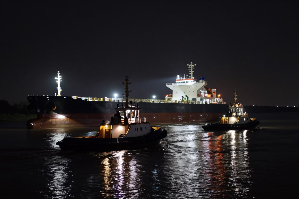 Night Tugboats Guide Tanker Near Amarah in near Amarah