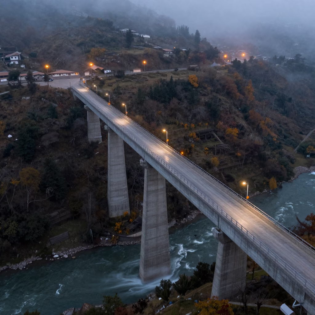 Night Viaduct Crossing Fog Valley Cusco in beside a bridge pier above moving water in Cusco