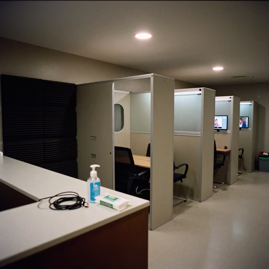 Night Video Call Booth with Sanitizer and Cables in at an office reception desk near Saharsa