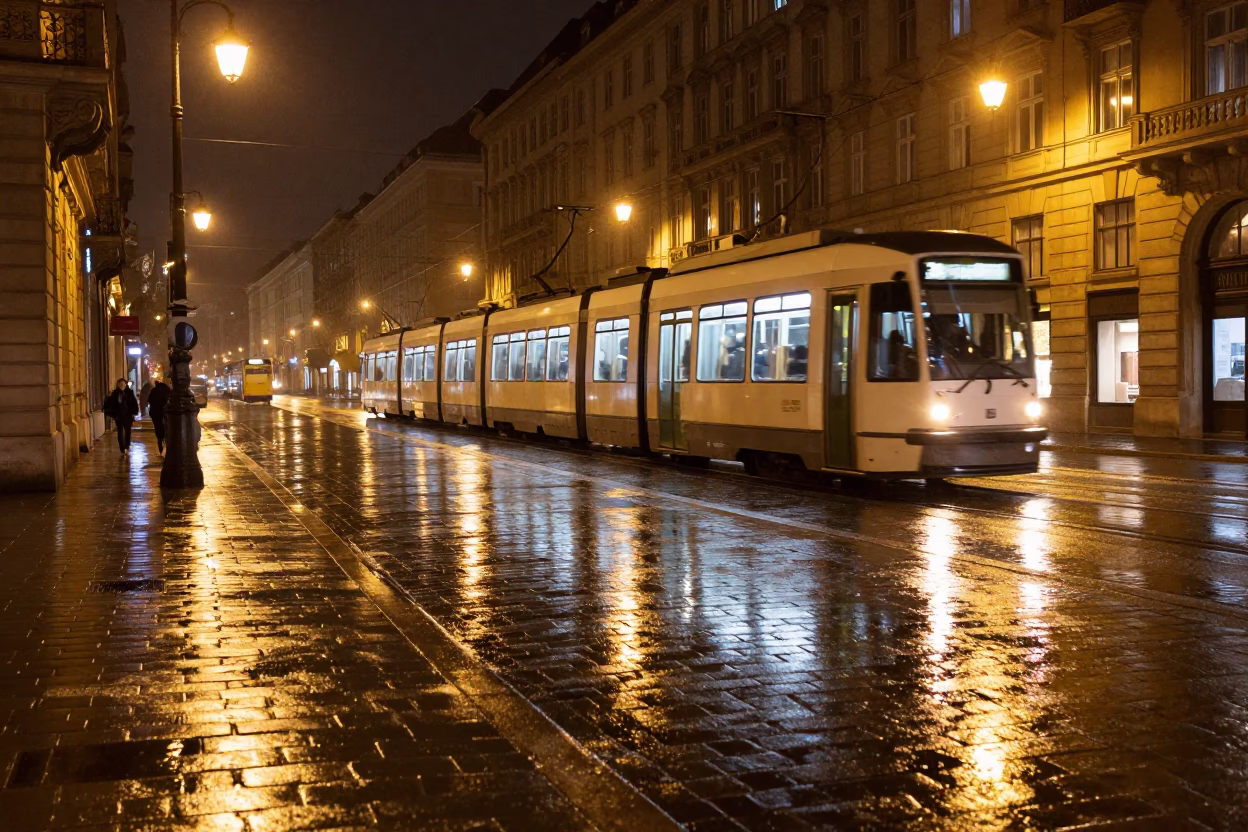 Night Vienna Tram Reflection on Wet Cobblestones Urban Atmosphere in in Vienna, Austria