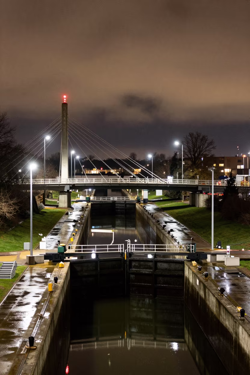 Night View of Canal Lock Under Bridge Span in under a cable-stayed bridge span in California
