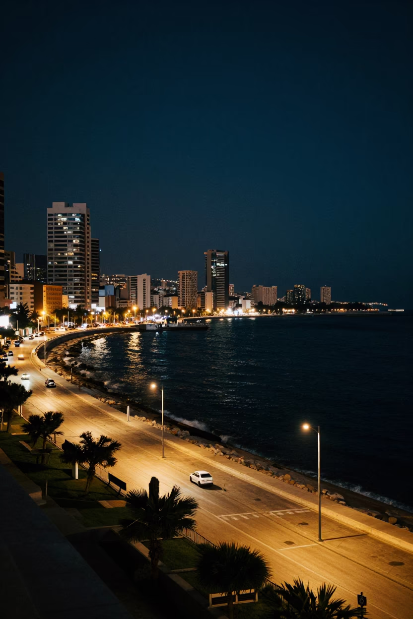 Night View of Beirut’s Corniche Promenade and Mediterranean Sea Under Deep Darkness in in Beirut, Lebanon