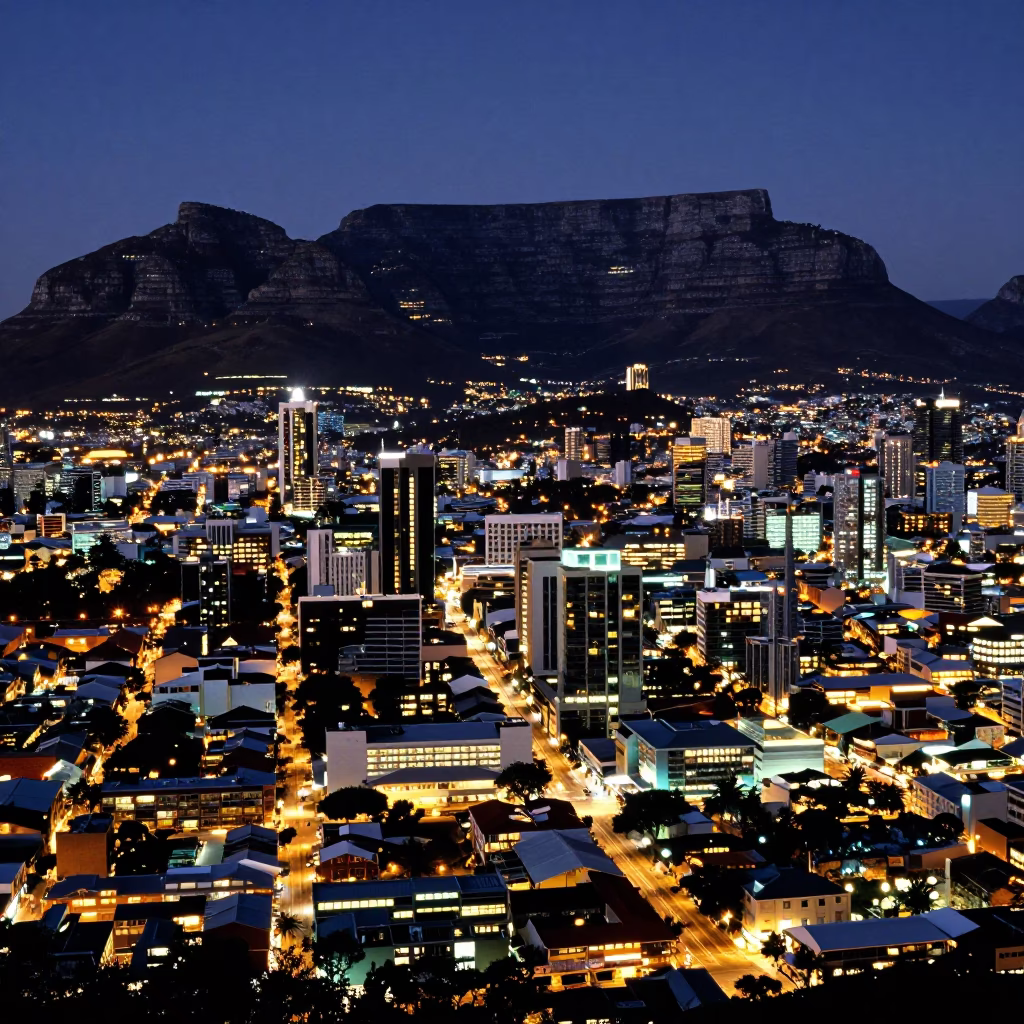 Night View of Cape Town City Bowl and Table Mountain Under Starlight in in Cape Town, South Africa
