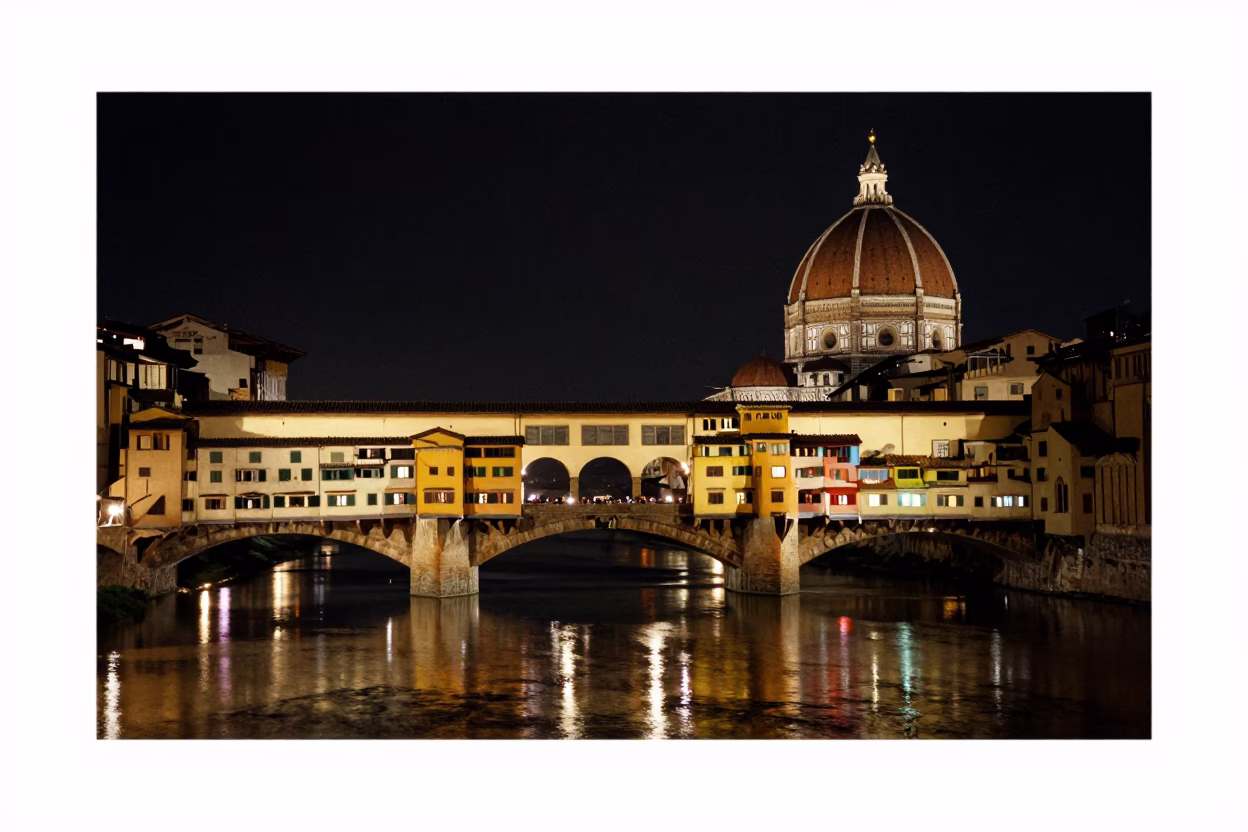 Night view of Florence Ponte Vecchio and Duomo with terracotta bowls in in Florence, Italy