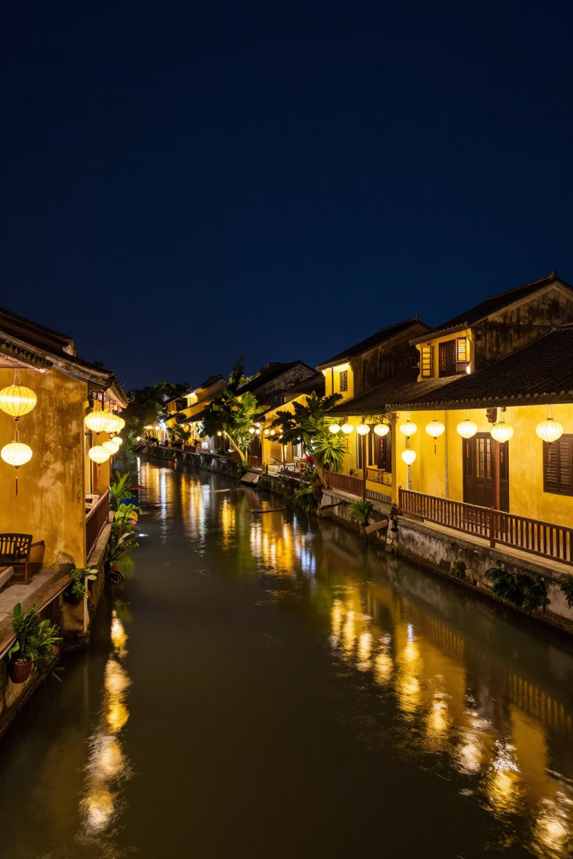 Night view of Hoi An Ancient Town lanterns reflecting on Thu Bon River in in Hoi An, Vietnam