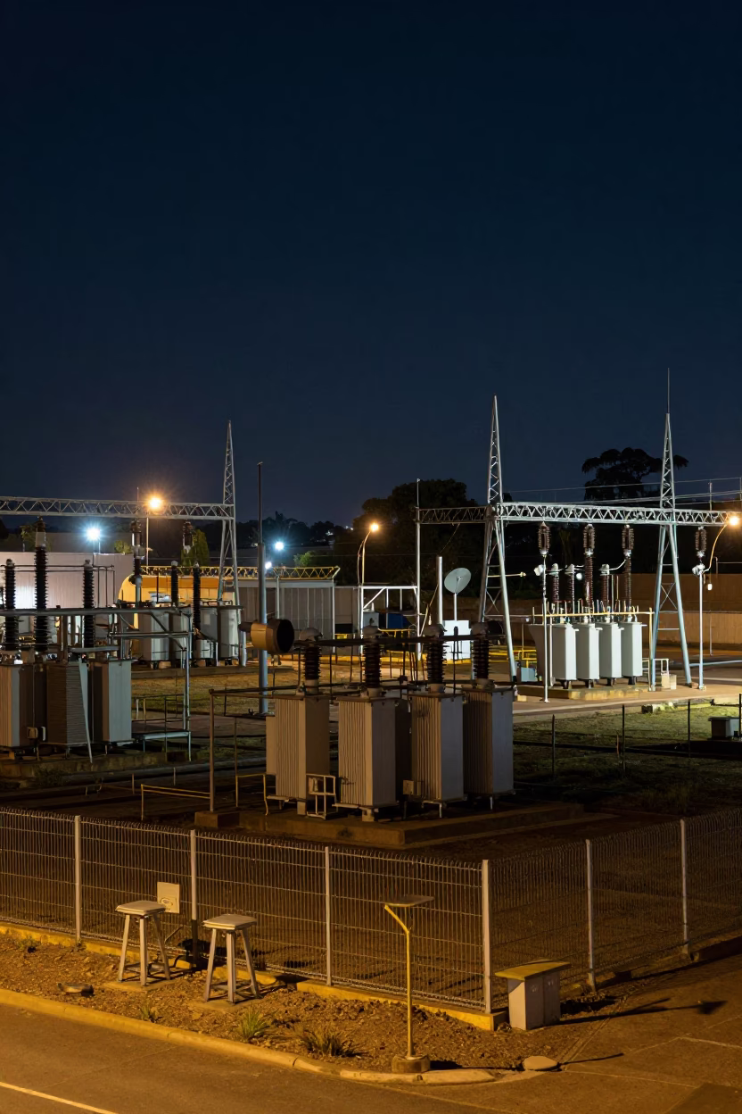 Night View of Johannesburg Substation Transformer Yard Under Deep Starry Sky in in Johannesburg, South Africa