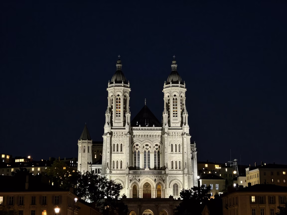 Night view of Lyon France with Fourviere Basilica illuminated against deep starry sky in in Lyon, France