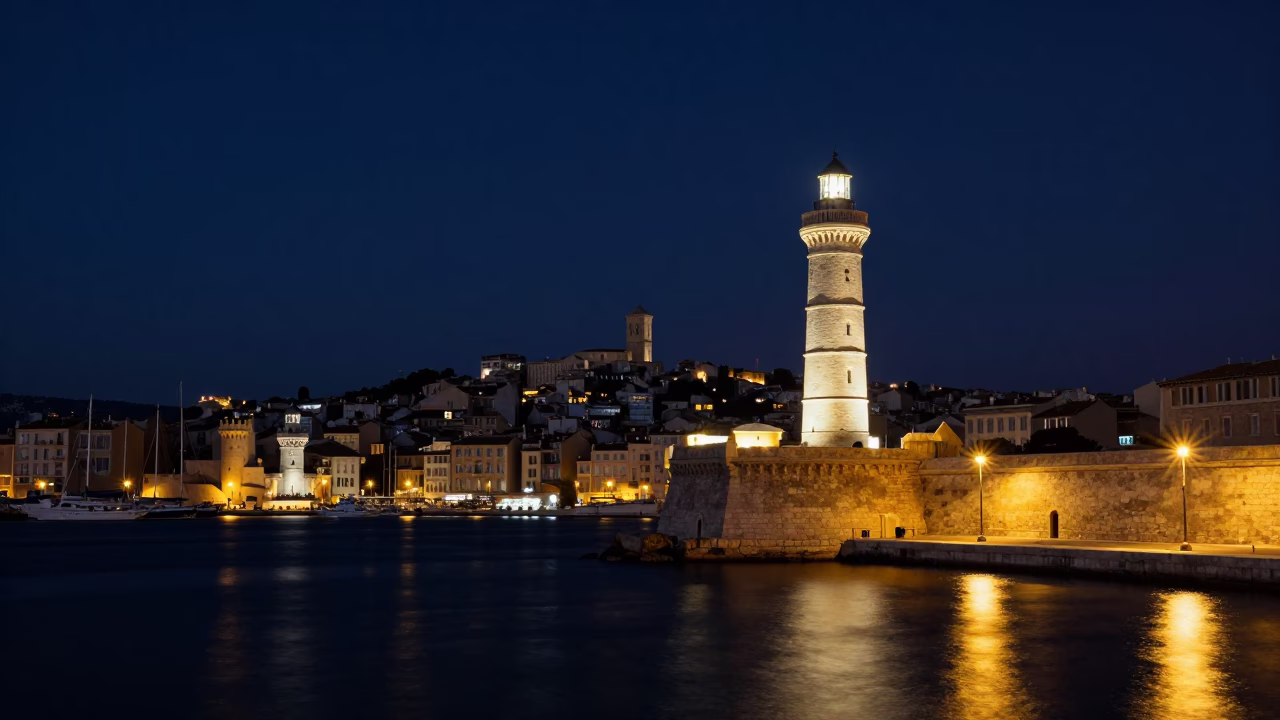 Night View of Marseille Old Port with Historic Lighthouse and Illuminated Waterfront in in Marseille, France