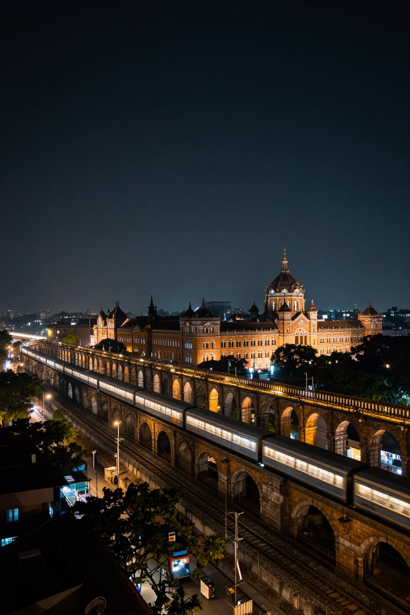 Night View of Mumbai Railway Viaduct with Passing Train and Distant City Lights in in Mumbai, India