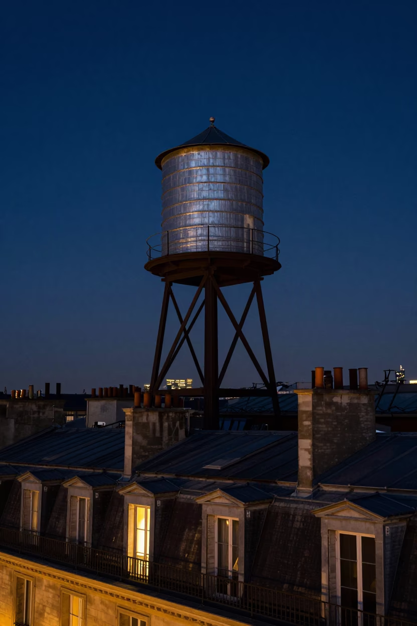 Night View of Paris Rooftop Water Tower Under Deep Starry Sky in France in in Paris, France