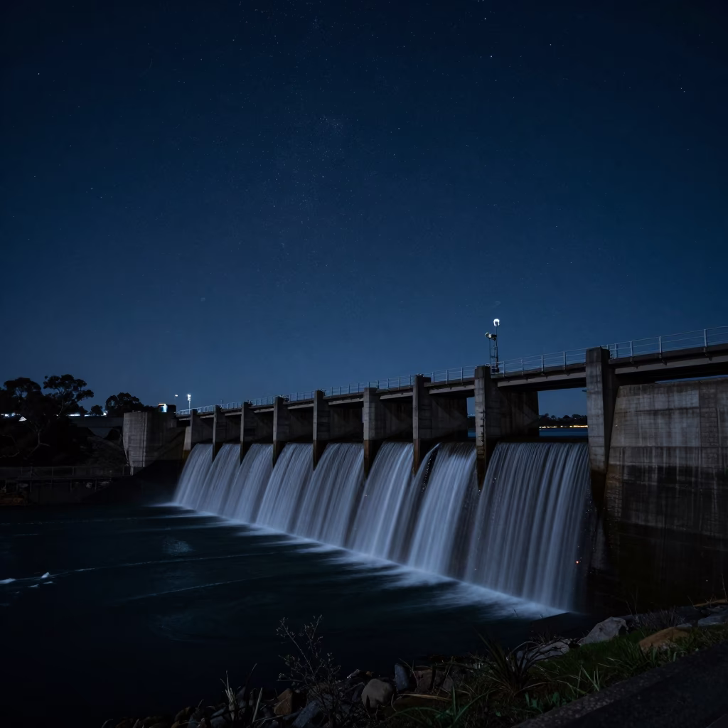 Night View of Perth Dam Spillway and Starry Sky in Western Australia in in Perth, Western Australia, Australia