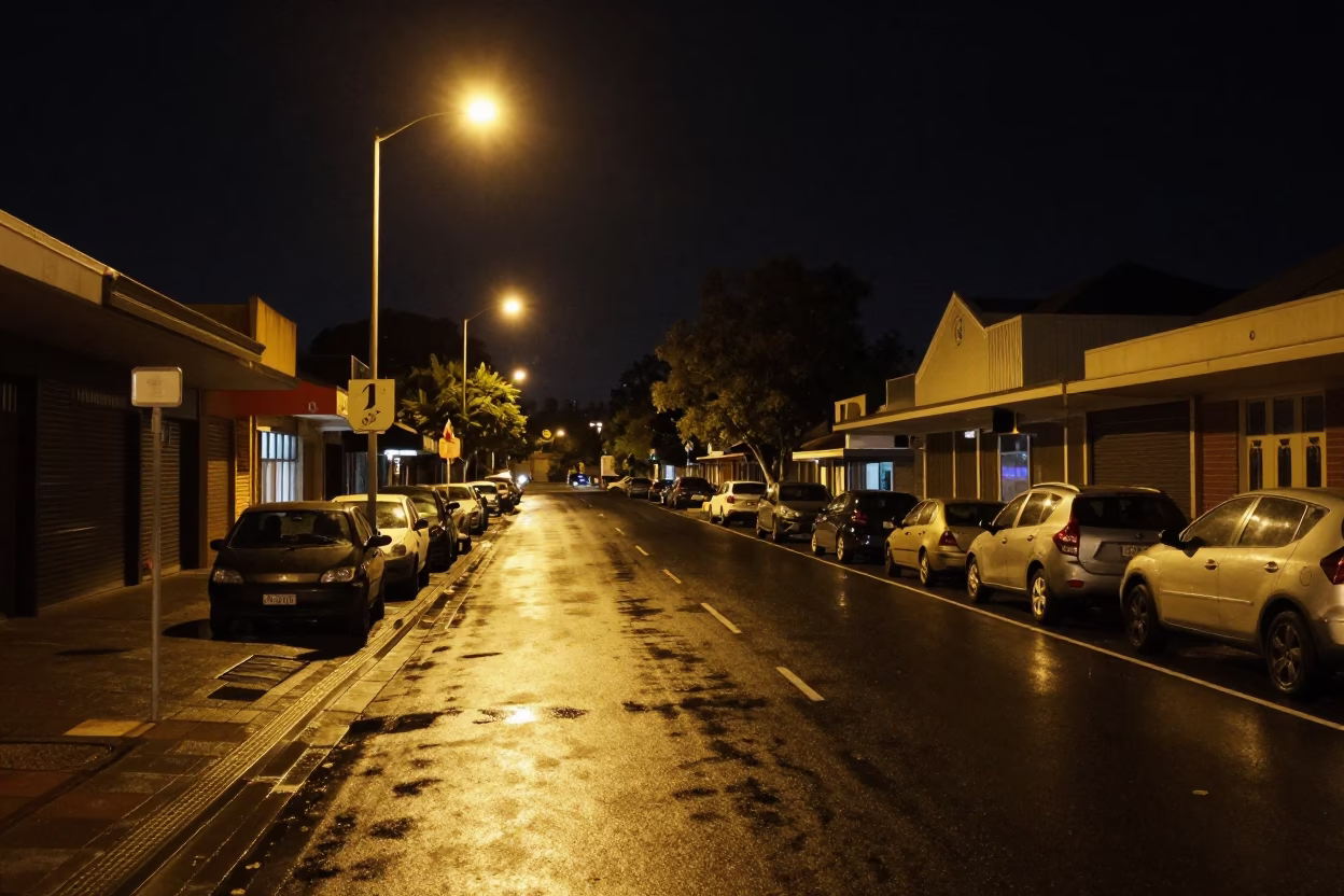 Night view of Perth Western Australia street scene with parked cars and illuminated buildings in in Perth, Western Australia, Australia
