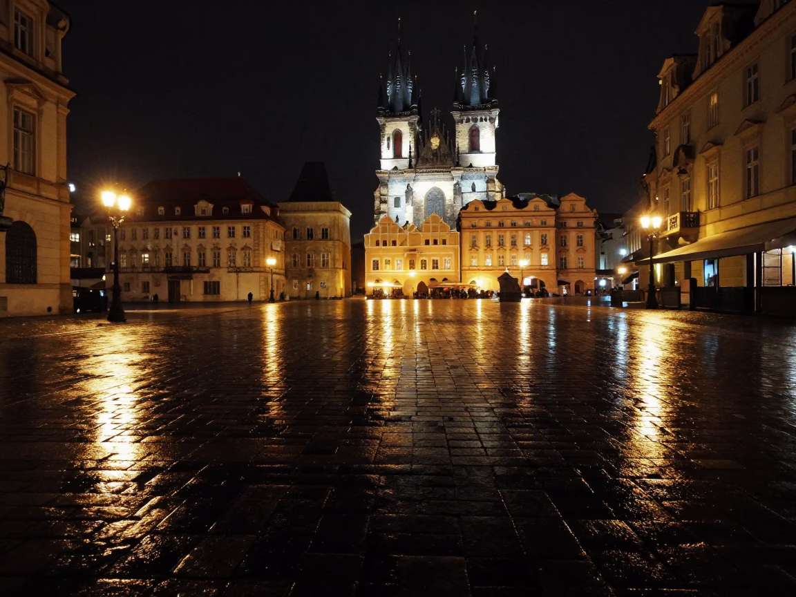 Night View of Prague Old Town Square Stone Pavement and Historic Architecture in in Prague, Czech Republic